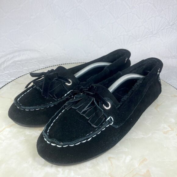 Sperry Top Sider Fur Lined Loafer 8 Black Leather Cozy Lounge Lagenlook Moccasin - Picture 5 of 12